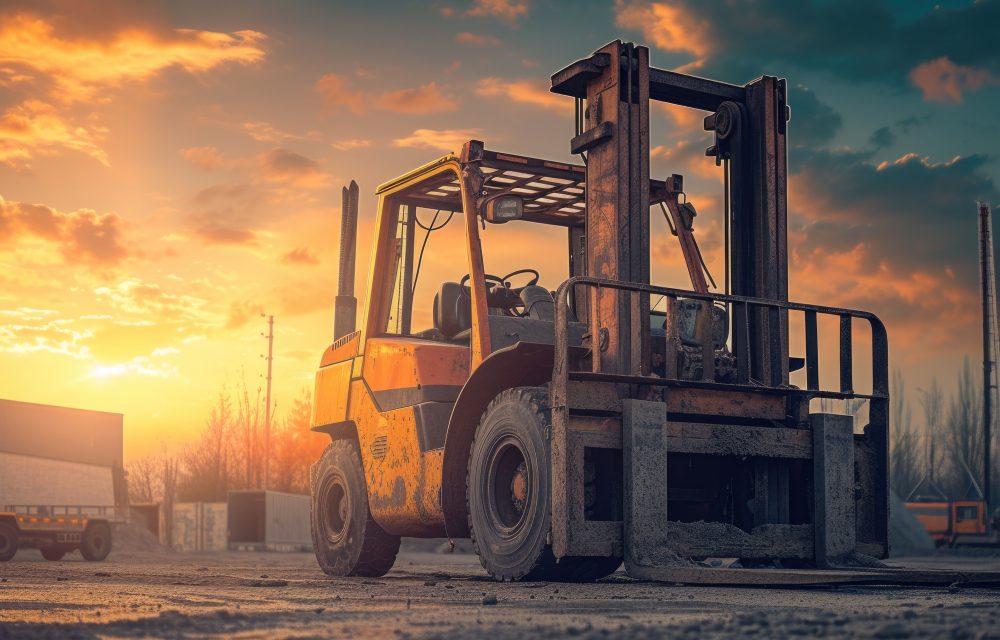 A large, rugged yellow forklift at sunset on a job site.
