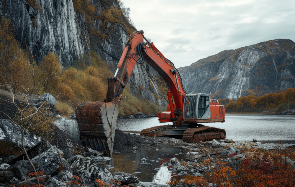 An orange excavator next to a lake in a rocky valley.