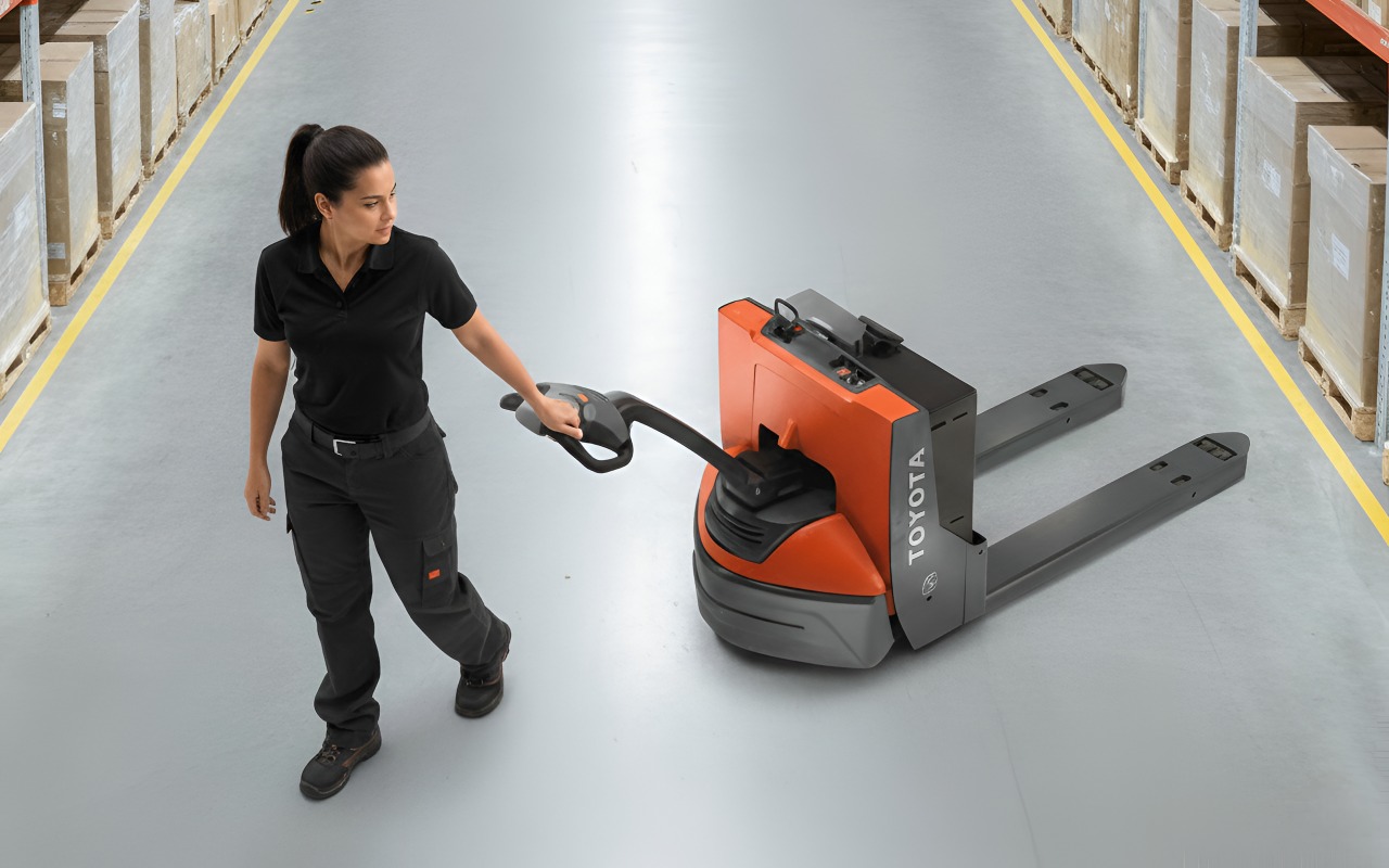 Girl employee pulling a Class 3 Forklift