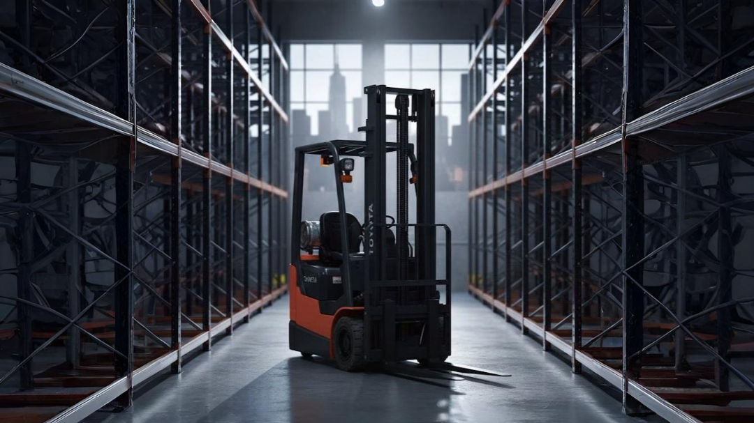 An orange and black industrial forklift parked in a clean, brightly lit warehouse aisle with high ceilings. The vehicle is positioned between tall, empty metal storage racks. Large windows in the background show a blurred silhouette of a city skyline.