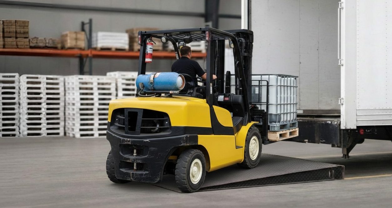 Operator driving an orange reach truck lifting a pallet to a high rack in a warehouse aisle, illustrating reach truck.