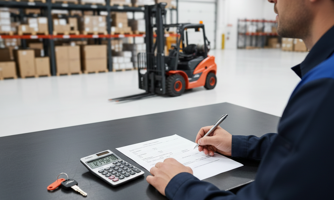 A realistic, eye-level landscape shot taken inside a bright, modern warehouse. In the foreground, a person’s hands rest on a high-top black industrial workbench, signing a crisp white document. Next to the document sits a set of orangey red keys and a professional silver heavy-duty calculator. The person is looking up from the paperwork toward a gleaming orangey red and black Linde H25 forklift parked just a few feet away on the polished white concrete floor. The background features towering black storage racks and high-key white industrial bay lighting, creating a sense of immediate operational transition.