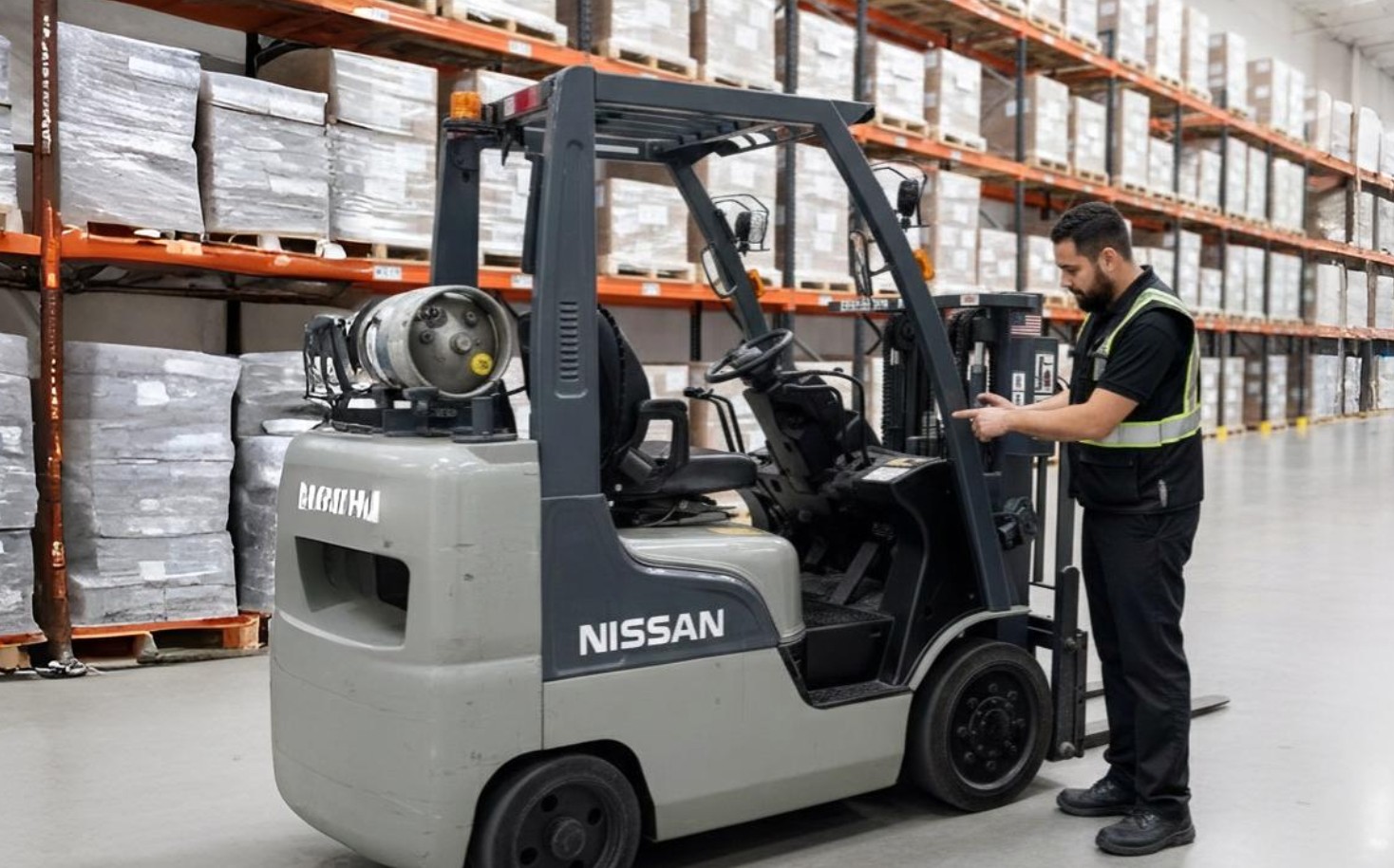 Warehouse worker in a reflective vest standing beside a parked Nissan forklift in a pallet-racked warehouse aisle, representing forklift rental.