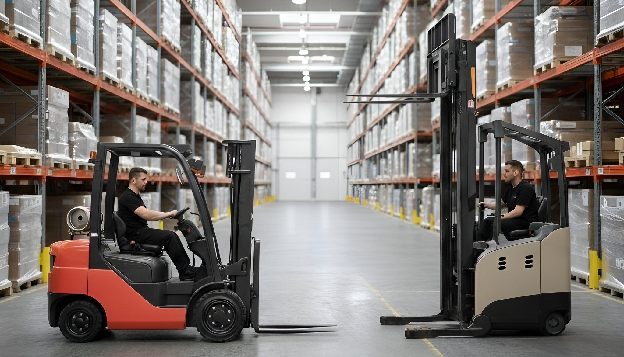 Two warehouse operators facing each other in an aisle, one on a counterbalance forklift and the other on a high-reach truck lifting forks toward tall pallet racks — reach truck.