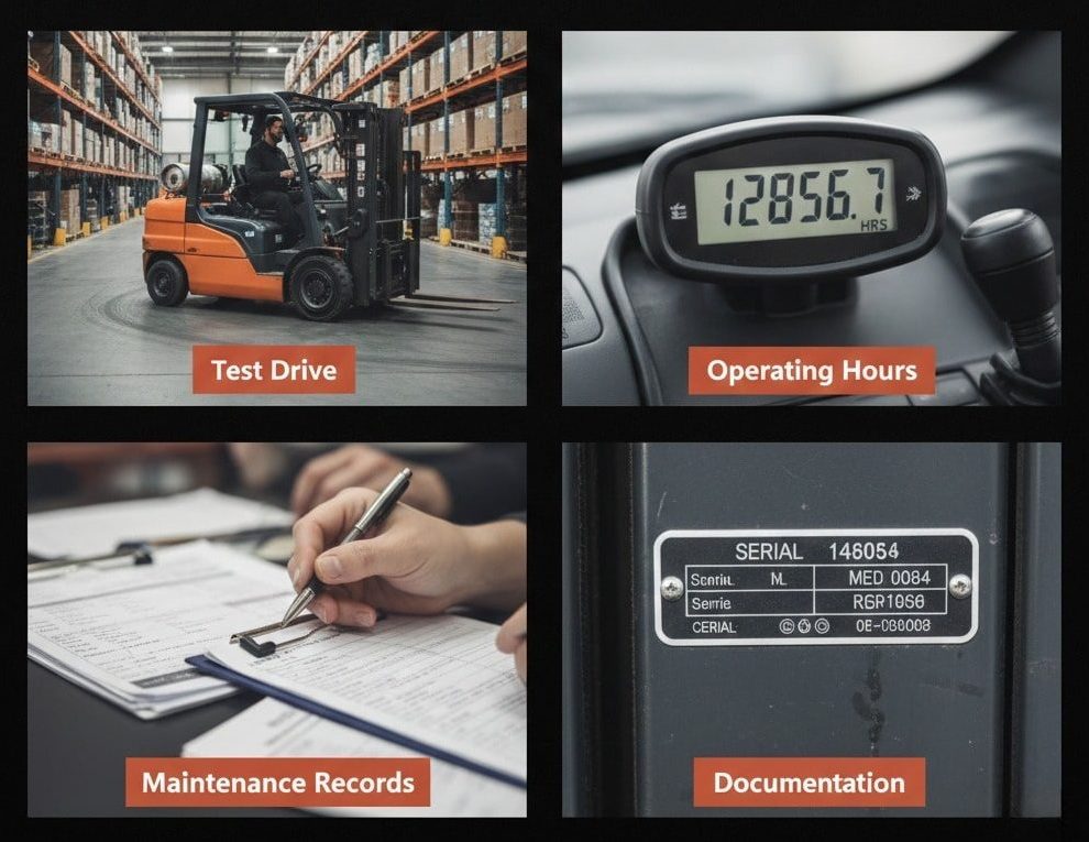 A four-panel infographic titled "Operational and Historical Checks" from ALMEIDAFORKLIFTS.COM. The panels show a man performing a 'Test Drive' in a warehouse, a digital meter showing 'Operating Hours' as 12856.7, a person's hand reviewing 'Maintenance Records' on a clipboard, and a metal 'Documentation' plate showing a serial number.