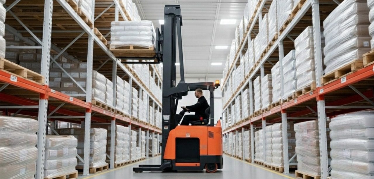 Operator driving an orange reach truck lifting a pallet to a high rack in a warehouse aisle, illustrating reach truck.