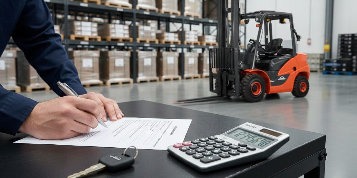 A realistic, eye-level landscape shot taken inside a bright, modern warehouse. In the foreground, a person’s hands rest on a high-top black industrial workbench, signing a crisp white document. Next to the document sits a set of orangey red keys and a professional silver heavy-duty calculator. The person is looking up from the paperwork toward a gleaming orangey red and black Linde H25 forklift parked just a few feet away on the polished white concrete floor. The background features towering black storage racks and high-key white industrial bay lighting, creating a sense of immediate operational transition.