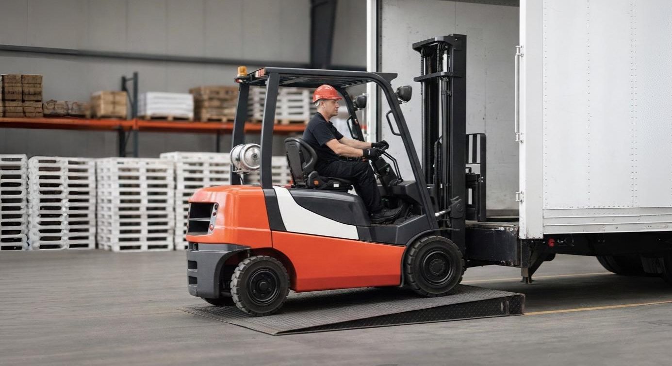 A realistic shot of a Yale Veracitor GP-VX counterbalance forklift in its natural versatile environment. The forklift tires are black solid pneumatic, showing its ability to handle rougher surfaces. The operator is wearing black gloves and an orangey red hard hat. The setting is a loading dock transition zone. The forklift is half-inside a white shipping trailer and half-on a black dock plate.