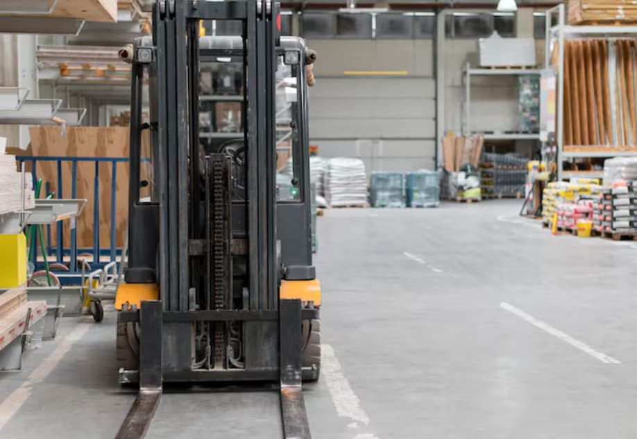 A forklift with its forks facing forward is parked in the aisle of a large warehouse or hardware store.