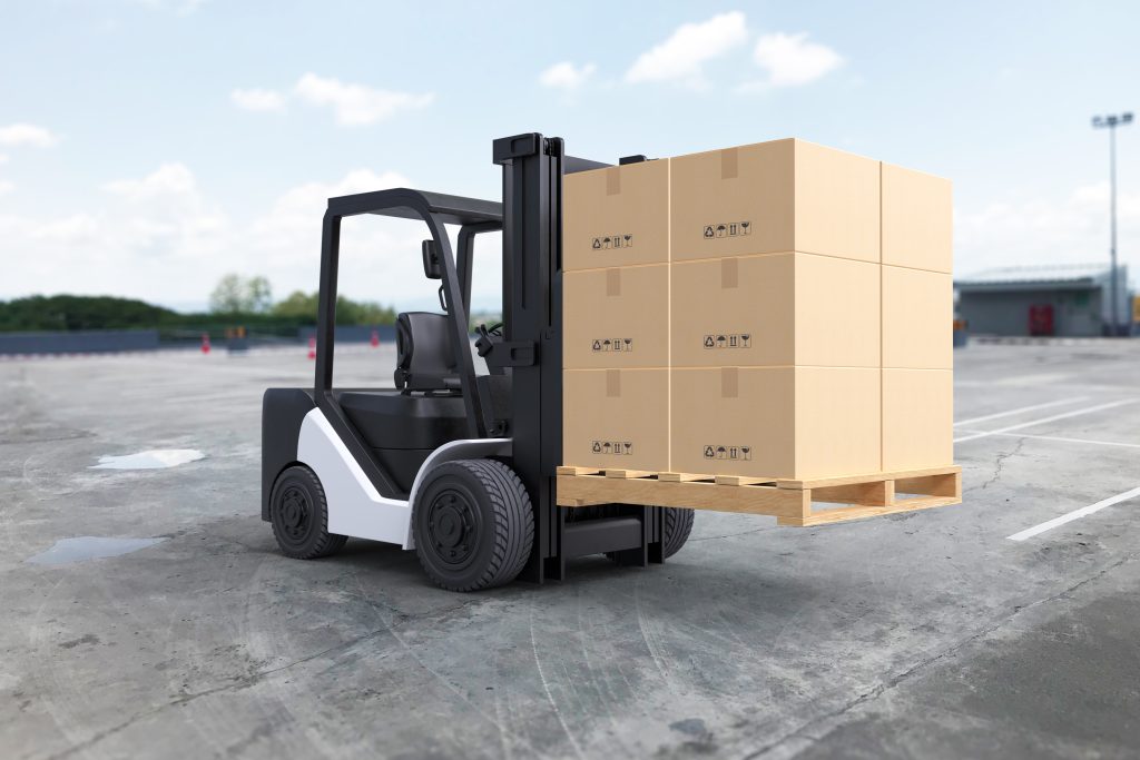 Forklift truck is lifting pallet with cardboard boxes scaled